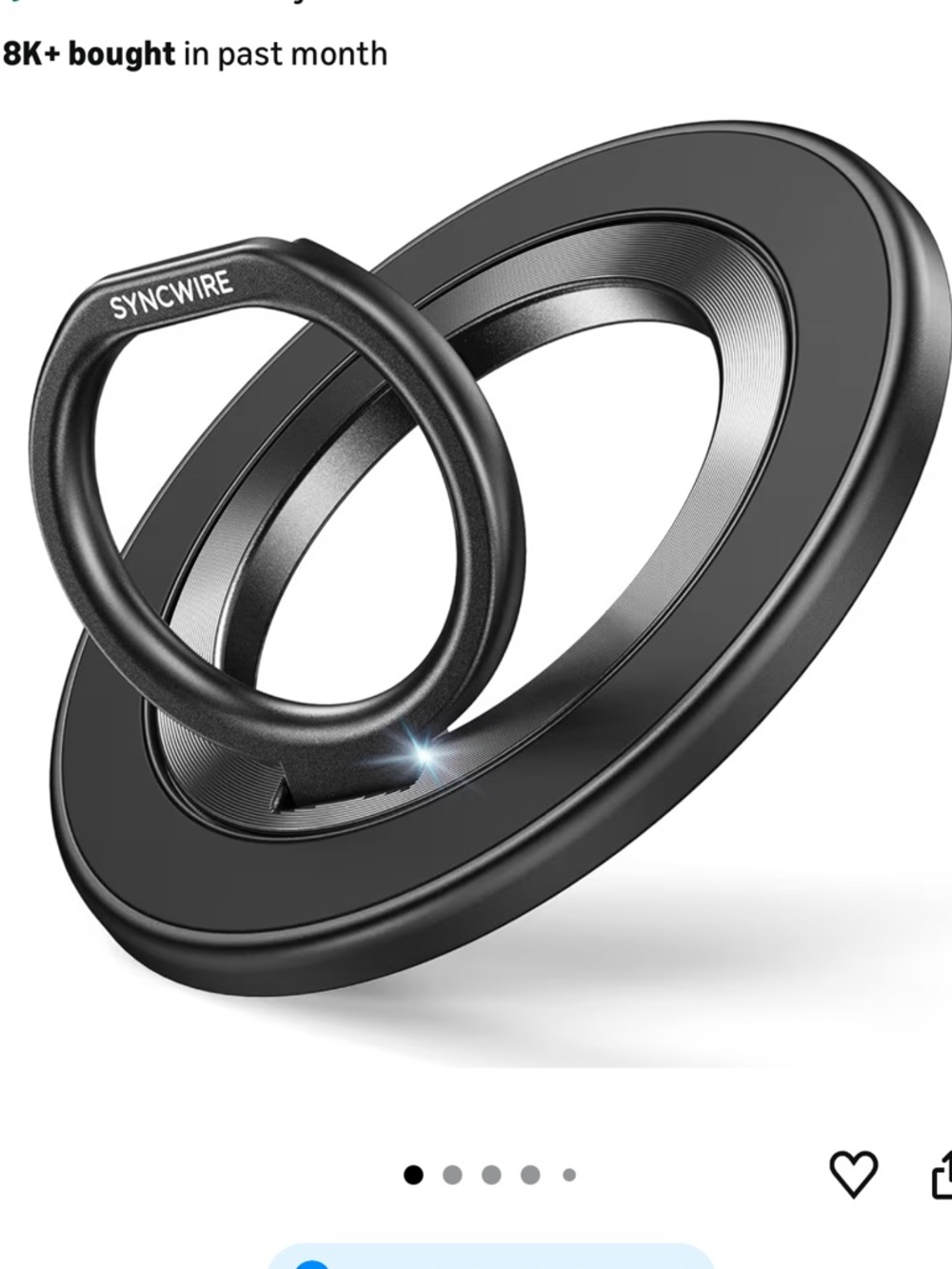 Syncwire Black Magnetic iPhone Ring Holder with Rotating Kickstand, NIB